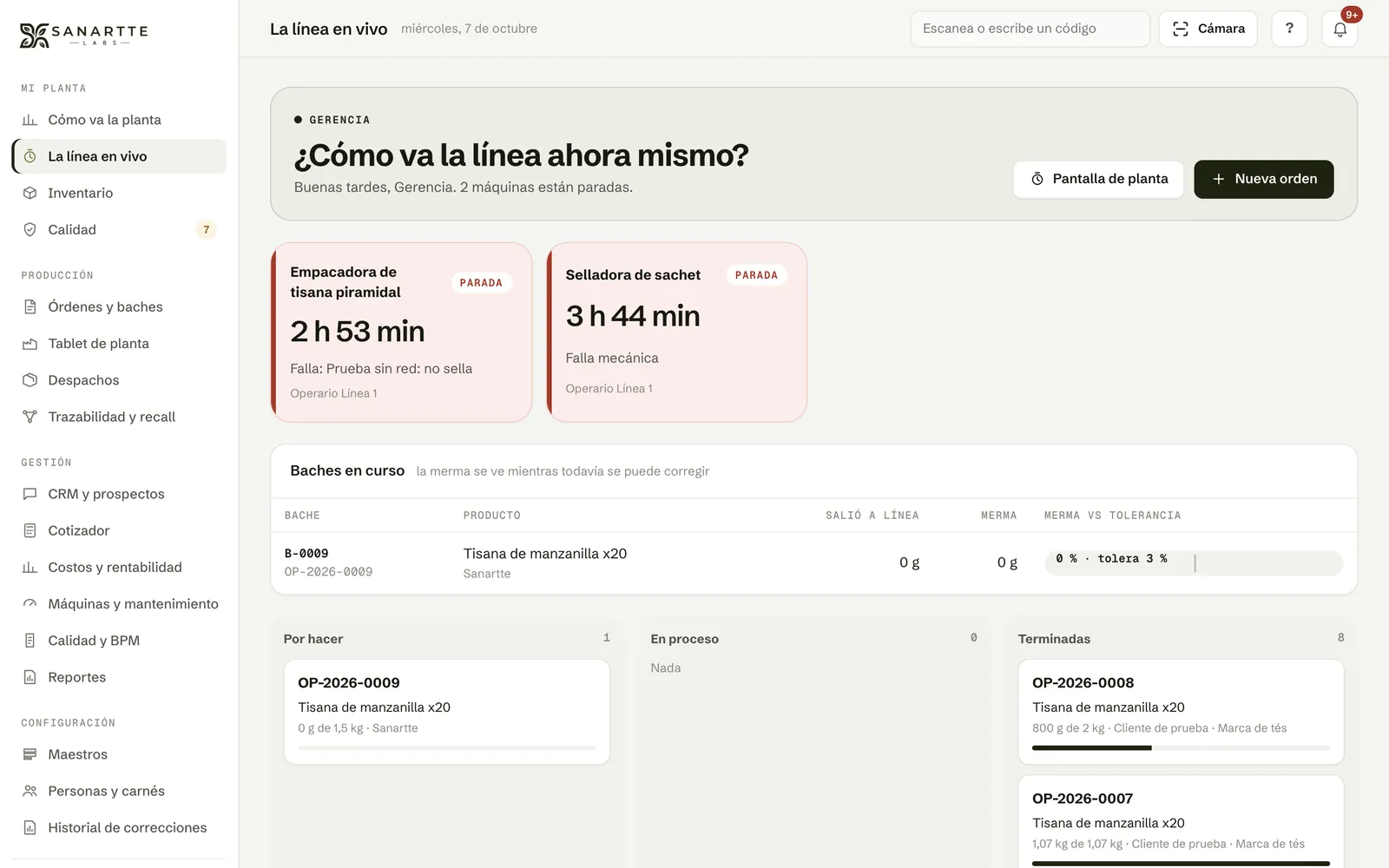Línea de producción en vivo